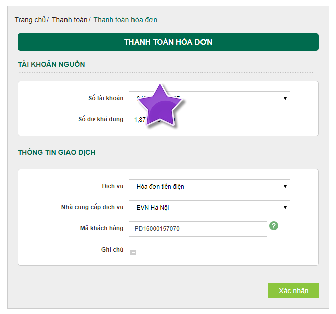 VietComBank thanh toán tiền điện trực tuyến