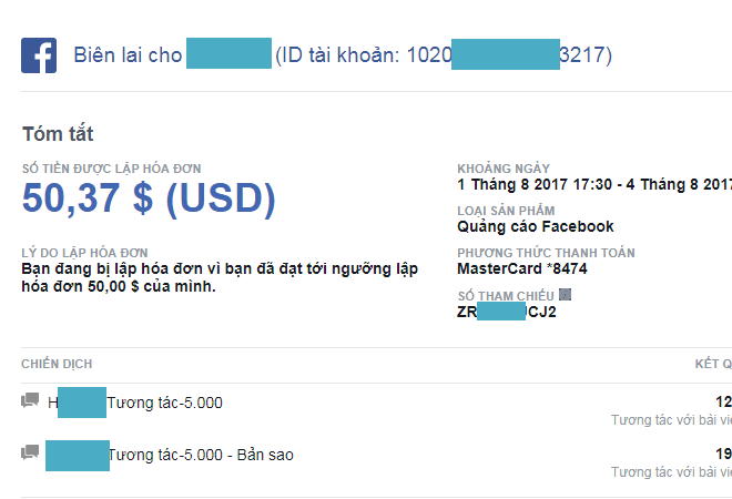 Biên lai quảng cáo Facebook