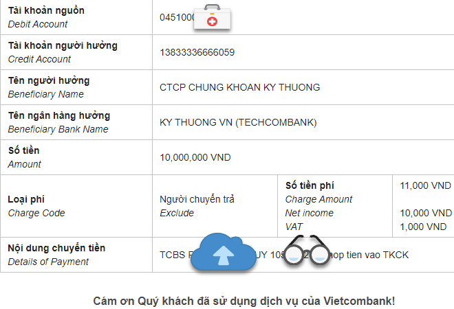 Phí rút tiền từ TCBS về tài khoản bank ngân hàng
